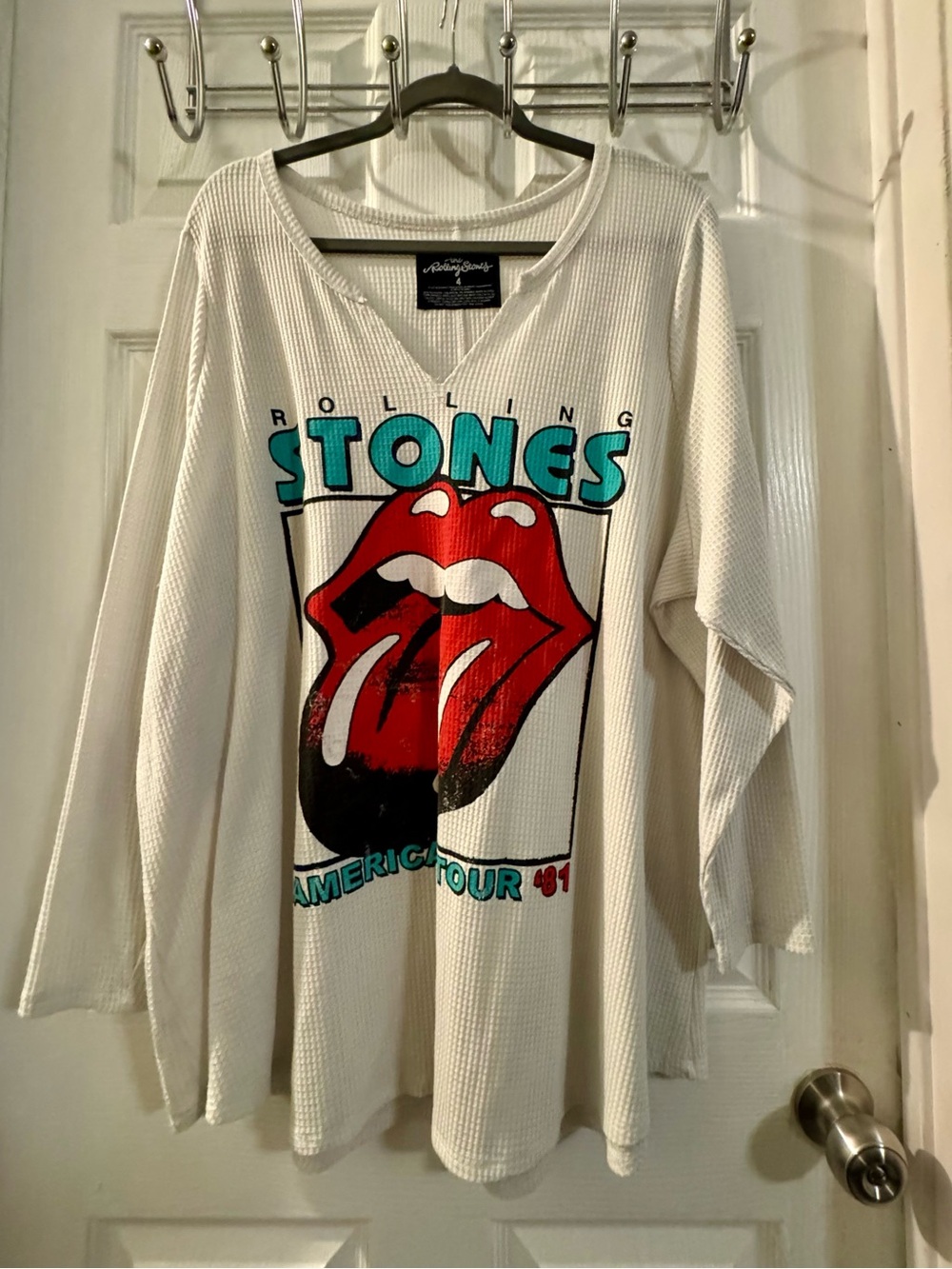 the Rolling Stones White Long-Sleeve Waffle Knit Tee with Red Tongue Graphic